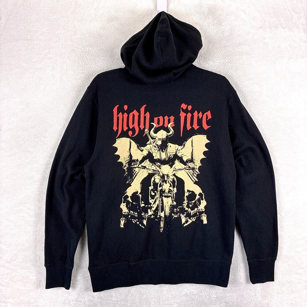 High On Fire Hoodie Mens M Black Winged Death Full Zip Biker Heavy Metal Rock